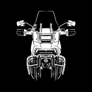 Adventure Touring Motorcycle Silhouette Front View on Black Background. Can be used for printed on Motorcycle Club t-shirt, background, banner, posters, web, etc.