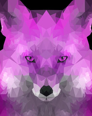 Poly, geometric, crystal style fox design illustration in bright pink, purple color theme. 
