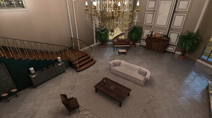 Great hall big foyer with fireplace and piano 3d illustration