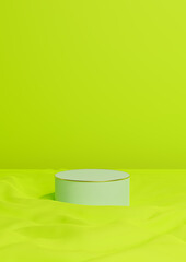 Bright, lime, neon green 3D rendering minimal product display one luxury cylinder podium or stand on wavy textile product background wallpaper abstract composition with golden line