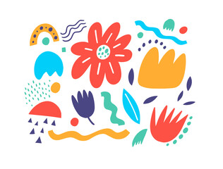 Abstract colorful doodle nature and floral elements set. Pastel colored shapes.