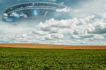 Zelfklevend Fotobehang flying saucer in the sky, ufo. mixed media © Aliaksandr Marko