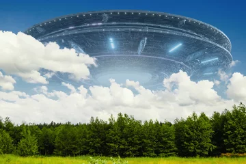 Photo sur Plexiglas UFO flying saucer in the sky, ufo. mixed media