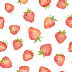 Watercolor seamless pattern with cute strawberry. Stylized drawing illustration of summer berry isolated on white