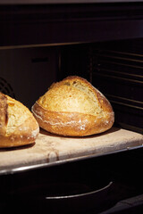 The process of making wheat bread at home. Baking bread in the oven. The concept of healthy homemade food. Vertical photo.