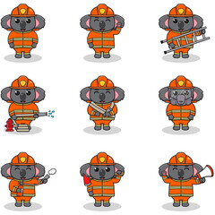 Vector Illustration of Koala cartoon with Firefighter costume. Set of cute Koala characters. Collection of funny Koala isolated on a white background.