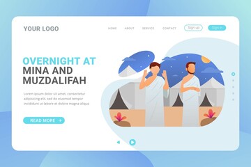 Hajj and umrah landing page template for travel service business website and mobile web with flat design concept vector illustration