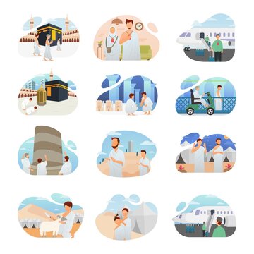 Hajj and Umrah guide step by step in one collection vector illustration