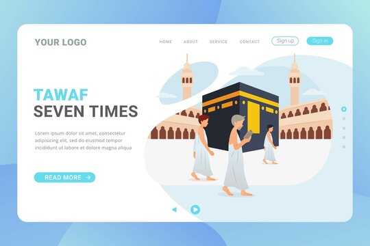 Hajj and umrah landing page template for travel service business website and mobile web with flat design concept vector illustration