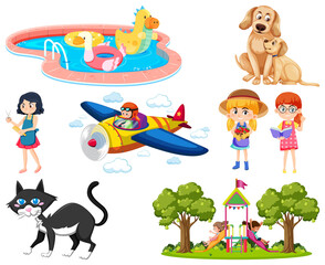 Set of different cute kids and objects