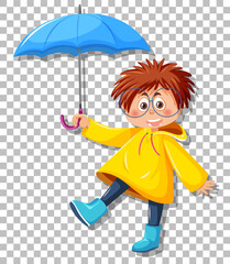 A boy in yellow raincoat with umbrell grid background