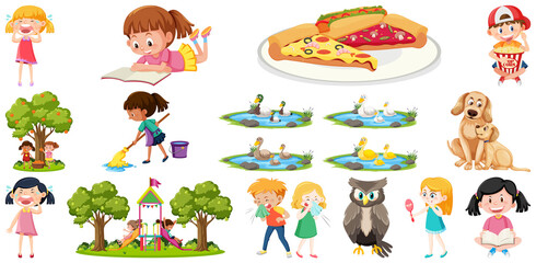 Set of different cute kids and objects