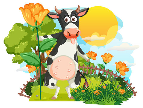 Cartoon cow in flower field
