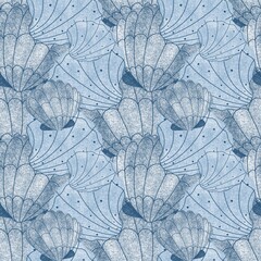 Trendy of seamless pattern with abstract organic cut out seashells in blue neutral colors.