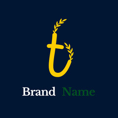 Creative simple logo yellow letter t grow branched leaves on dark blue background