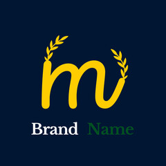 Fototapeta premium Creative simple logo yellow letter m grow branched leaves on dark blue background