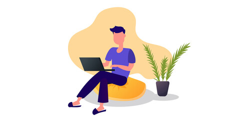 Young man is sitting with laptop on the sofa Working on a computer. Freelance vector