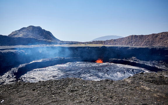 The largest lava lake in the Erta Ale caldera and the summit of Mount Erta Ale, Danakil Depression, Ethiopia