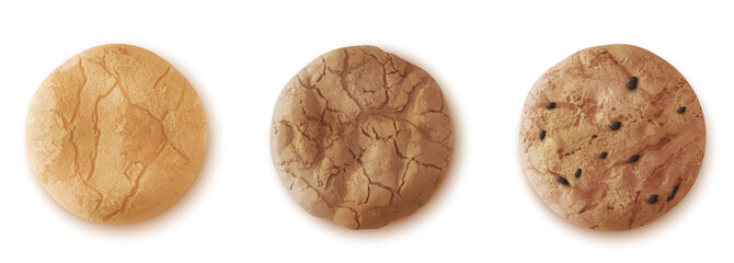 Chocolate drop cookies realistic vector top view. Crumble oatmeal biscuit with cinnamon, cocoa or sesame sprinkles isolated on white bsckground. Cracked homemade cakes