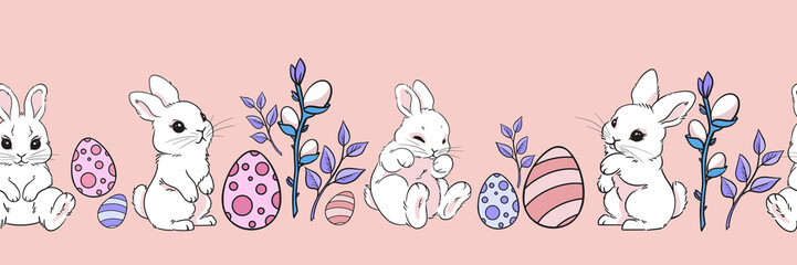seamless spring banner pattern, easter bunny and bright easter eggs, willow branch, spring willow, cute little hare, hand-drawn on colored background for printing on fabric, website banner, wallpaper