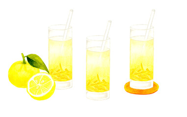 グラスに入った柚子茶のセット　飲み物の手描き水彩イラスト素材集