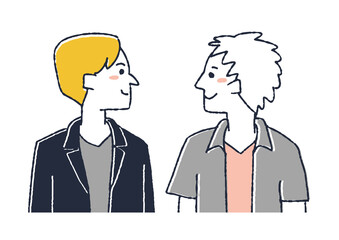 若い男性二人　横に並び向かい合う隣人