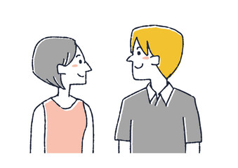 若い女性と男性　横に並び向かい合う隣人