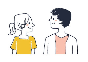 若い女性と男性　横に並び向かい合う隣人