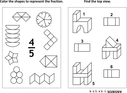 Two visual math puzzles and coloring pages. Color the shapes to represent the fraction. Find the top view. Black and white. Answers included.
