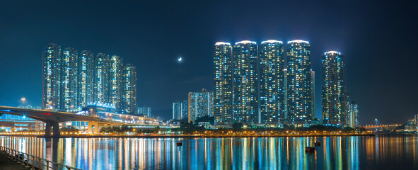 High rise residential building in Hong Kong city at night