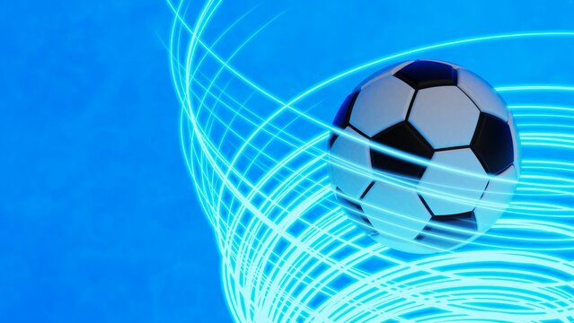Black-white soccer ball with blue illuminated spiral laser beam particles under black-blue lighting background. 3D illustration. 3D high quality rendering. 3D CG.