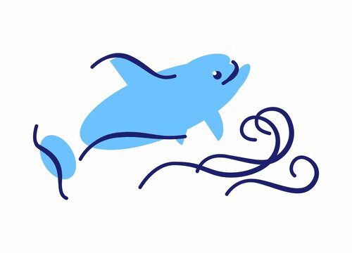 Logo design with stylized dolphin and waves. Dolphin stylized with geometric shapes and lines. Illustration on a marine theme in a flat and contour style.