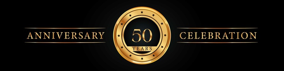 50 years anniversary golden label. Poster Design for anniversary event party, wedding, birthday party, greetings and invitation card. 50 years anniversary celebration design vector. - obrazy, fototapety, plakaty