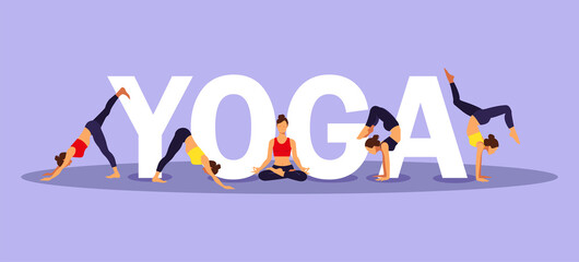 Yoga poses.Yoga class. Exercise, stretching. Wellness training in flat vector illustration.