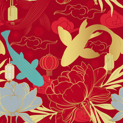 Seamless vector pattern with peonies and carps on a red background. Chinese background.