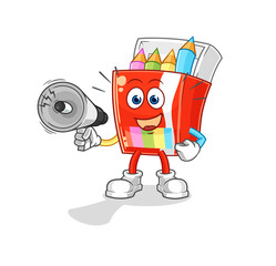 colored pencils holding hand loudspeakers vector. cartoon character