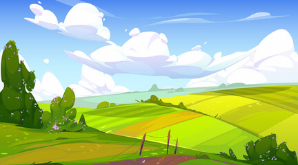 Rural landscape with green agriculture fields, path and bushes with flowers. Vector cartoon panoramic illustration of summer countryside with pastures, grass and farmland