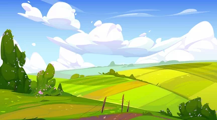 Gordijnen Rural landscape with green agriculture fields, path and bushes with flowers. Vector cartoon panoramic illustration of summer countryside with pastures, grass and farmland © klyaksun