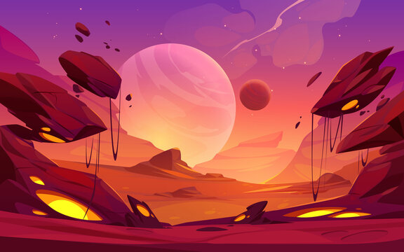 Fantastic landscape of alien planet with rocks, flying stones and glowing yellow spots. Vector cartoon fantasy illustration of cosmos and planet surface panorama for space game background