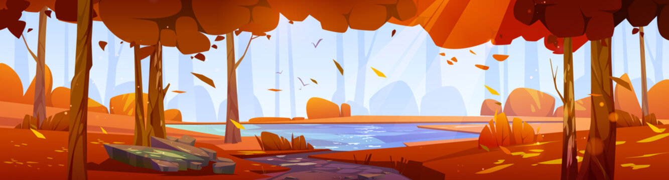 Cartoon autumn forest panoramic background with clear lake under orange trees with falling leaves and sunshine reflect in crystal water. Wild nature landscape, scenery wood, Vector illustration