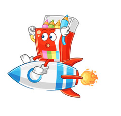 colored pencils ride a rocket cartoon mascot vector