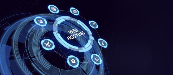 Web Hosting. The activity of providing storage space and access for websites. Business, modern technology, internet and networking concept.