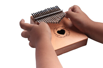 Hand playing kalimba or mbira is an African musical instrument.made from wooden board with metal...