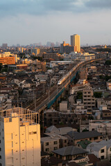 Obraz premium Shinkansen (bullet train) running in Tokyo sunset