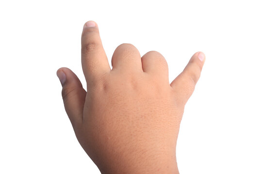 Asian fat boy's hand on white background