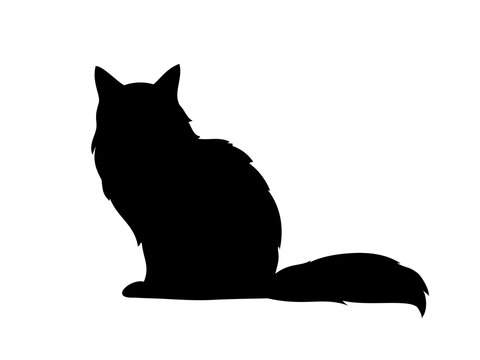 猫のお座りシルエットイラスト素材長毛種