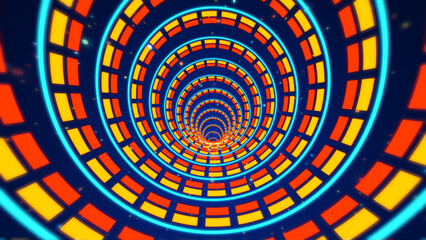 Abstract Concentric Blue Yellow Orange Circle Lines And Dashed Lines Frame Border Bending Space Tunnel With Glitter Sparkle Dust Background