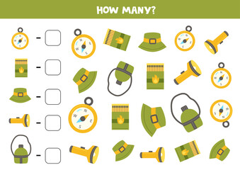 Counting game with flat camping pictures. Math worksheet.