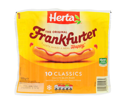 Herta classic pork frankfurters smoked with natural beechwood in a pack of ten