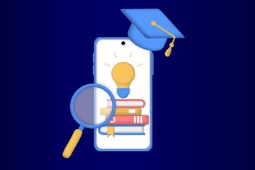 Concept of mobile learning, e-learning, library, e-book, classroom, tutorial and online courses application. Online education, university studies and back to school. 3d realistic vector illustration.